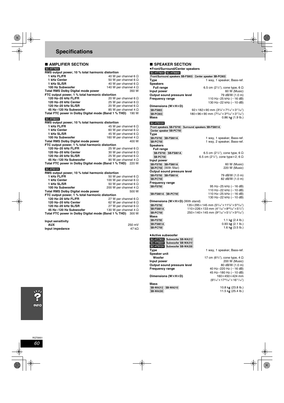 Specifications | Panasonic SC-HT790V User Manual | Page 60 / 64