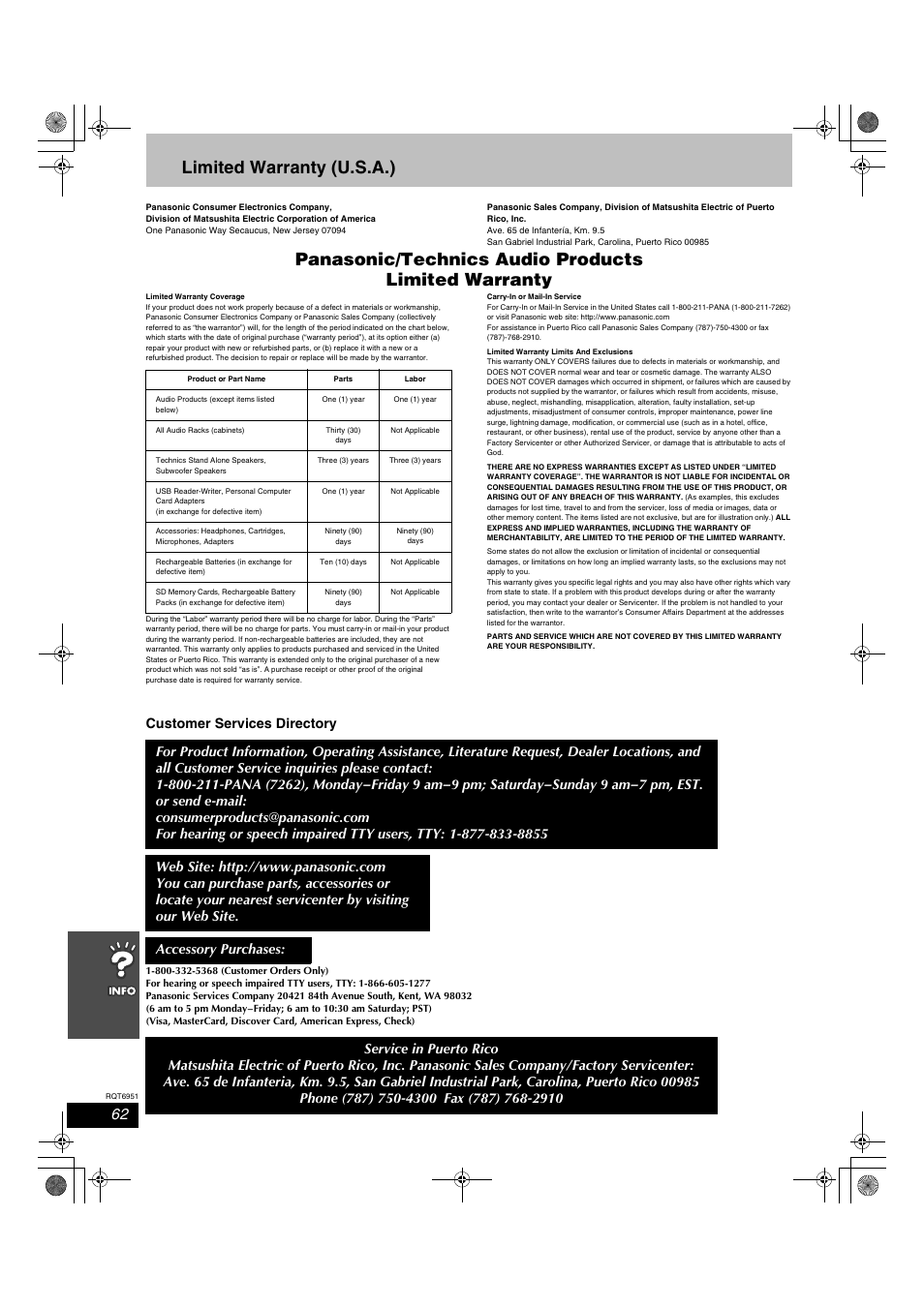 Limited warranty (u.s.a.), Panasonic/technics audio products limited warranty, Customer services directory | Panasonic SC-HT790V User Manual | Page 62 / 64