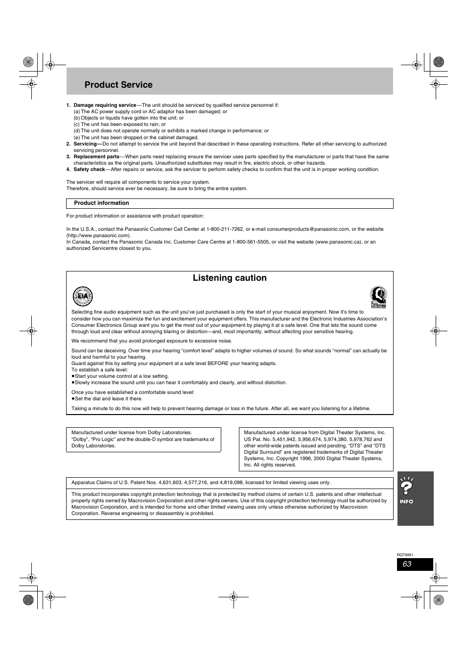 Product service, Listening caution | Panasonic SC-HT790V User Manual | Page 63 / 64
