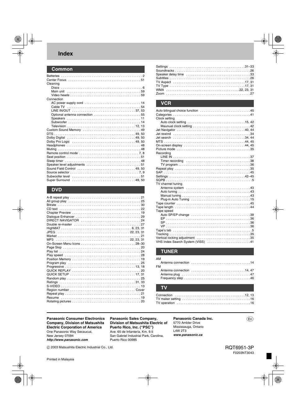 Index, Common dvd vcr tuner tv | Panasonic SC-HT790V User Manual | Page 64 / 64