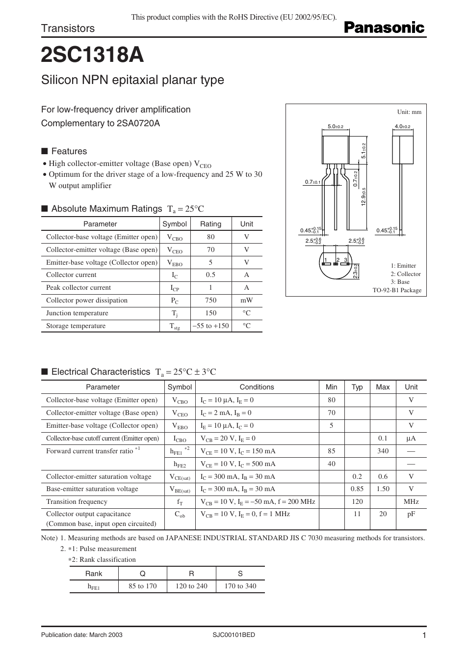 Panasonic 2SC1318A User Manual | 4 pages