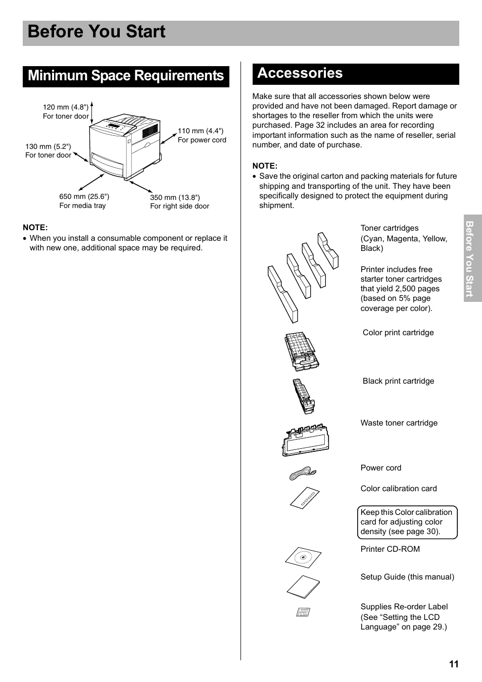 Minimum space requirements, Accessories, Before you start | Panasonic KX-CL510 User Manual | Page 11 / 32