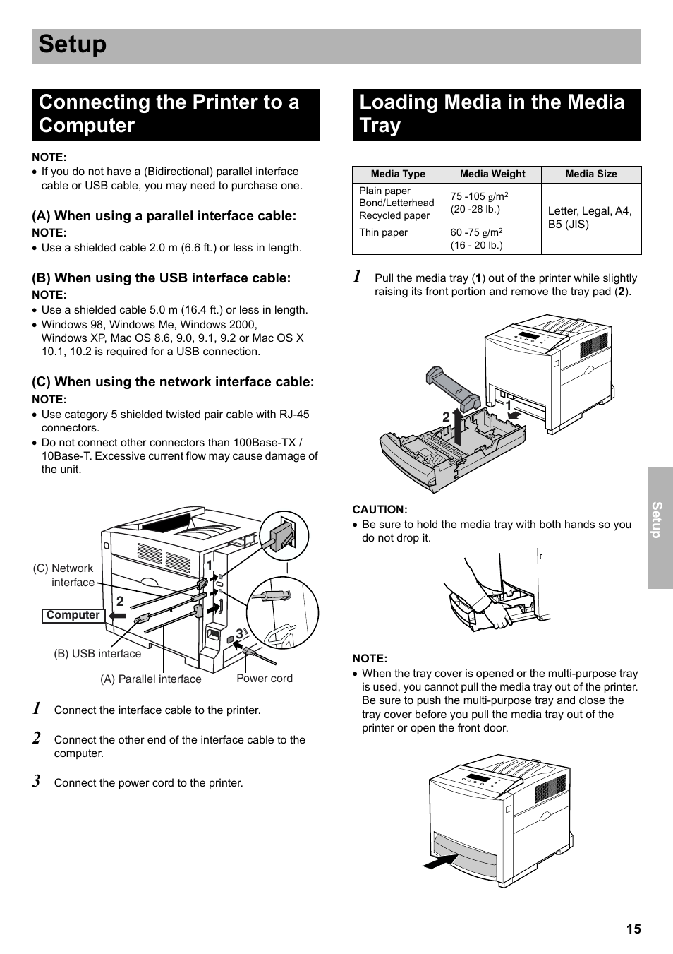 Connecting the printer to a computer, Loading media in the media tray, Setup | Panasonic KX-CL510 User Manual | Page 15 / 32