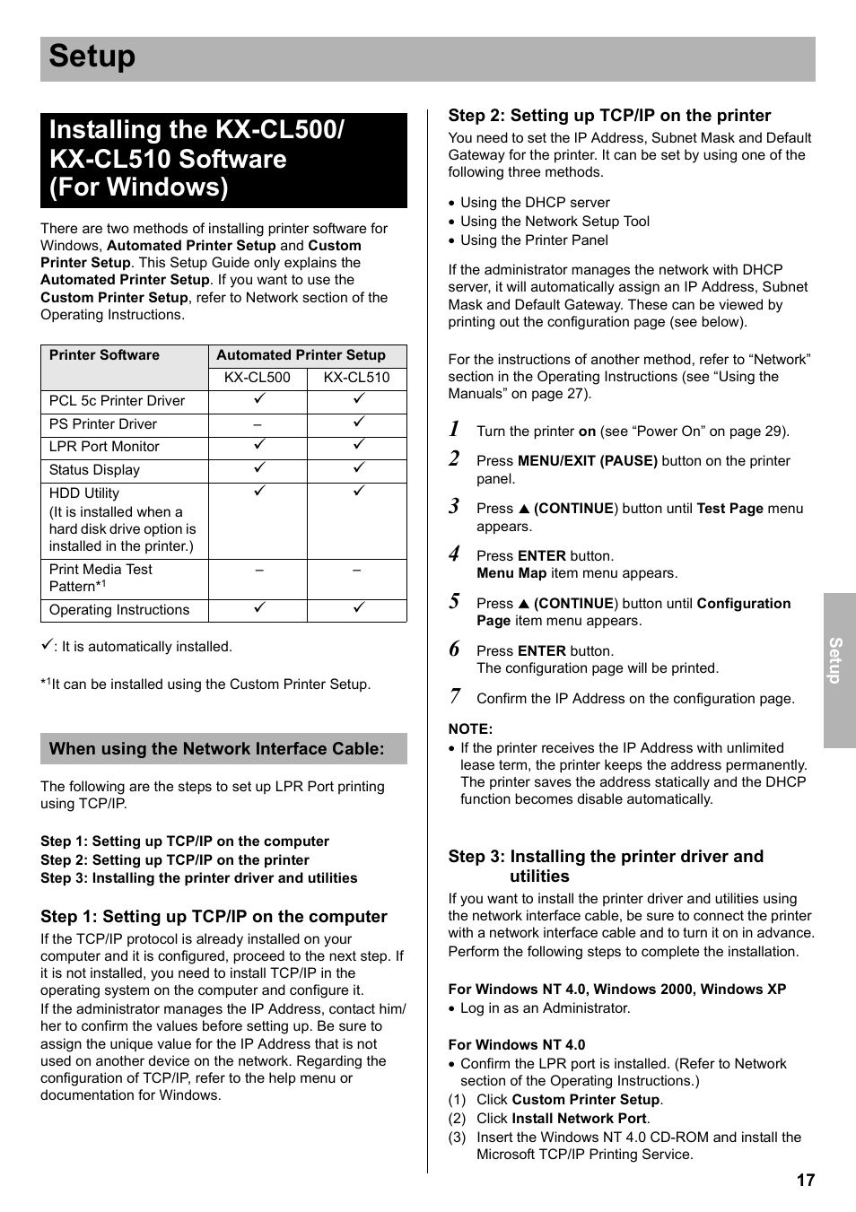 Setup | Panasonic KX-CL510 User Manual | Page 17 / 32