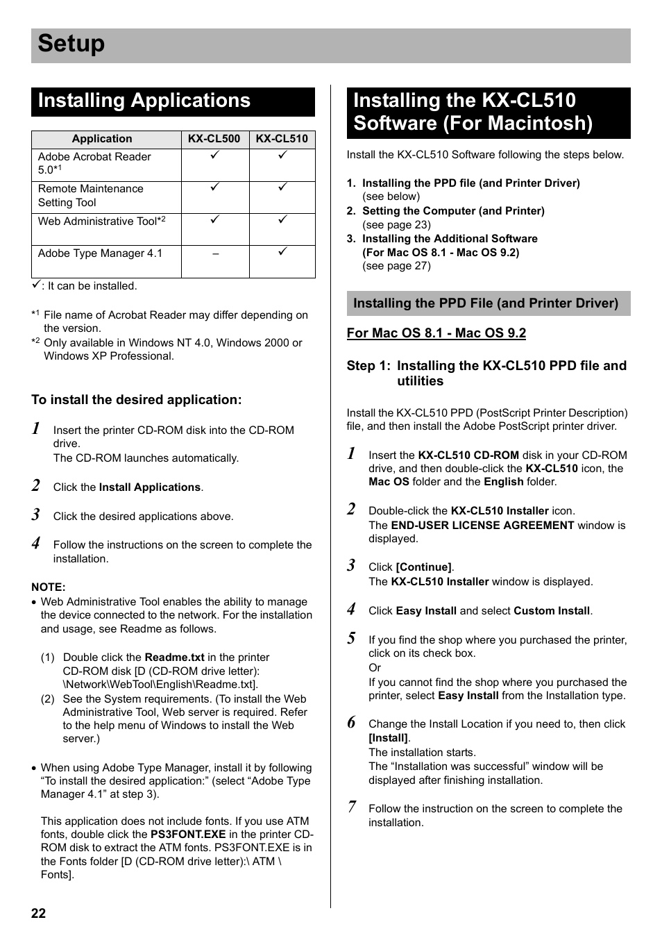 Installing applications, Installing the kx-cl510 software (for macintosh), Setup | Panasonic KX-CL510 User Manual | Page 22 / 32