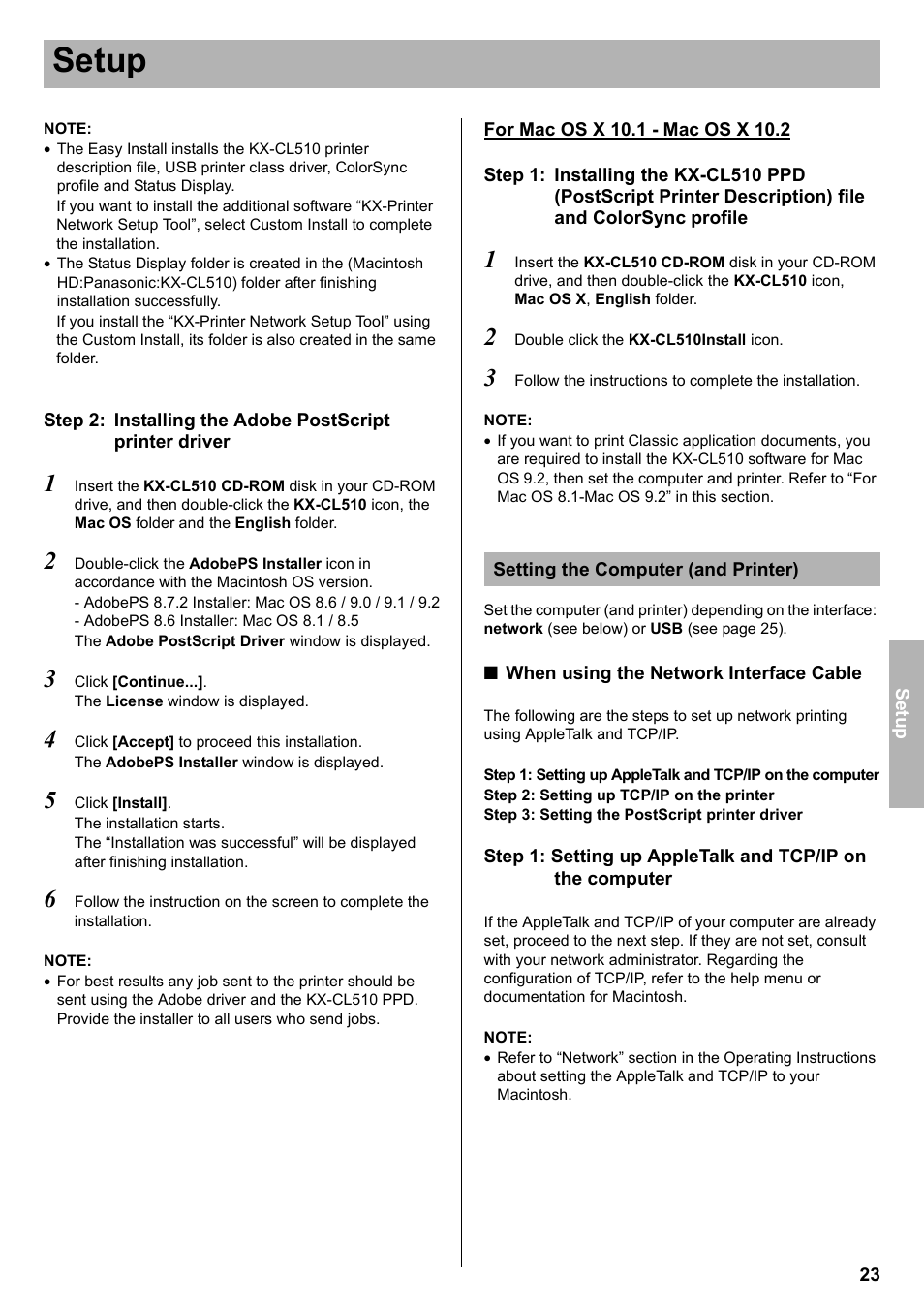 Setup | Panasonic KX-CL510 User Manual | Page 23 / 32