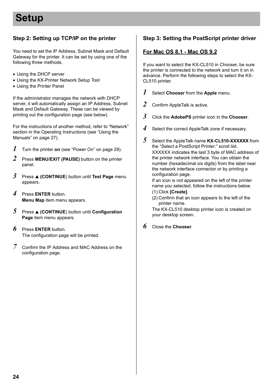 Setup | Panasonic KX-CL510 User Manual | Page 24 / 32