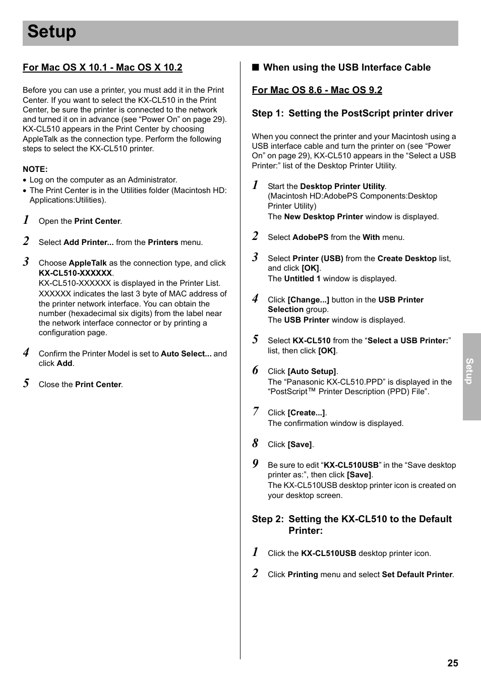 Setup | Panasonic KX-CL510 User Manual | Page 25 / 32
