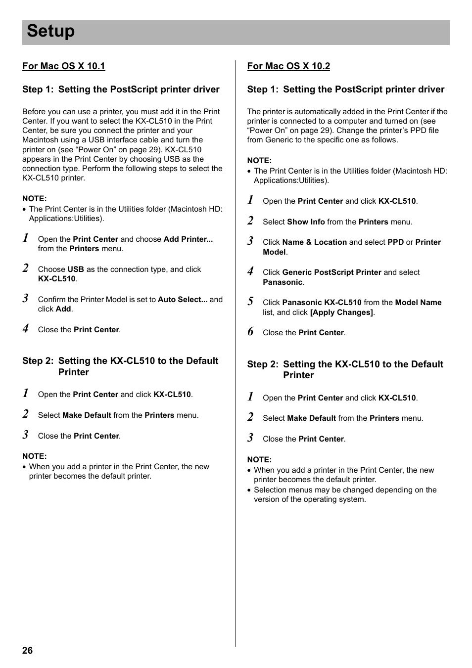 Setup | Panasonic KX-CL510 User Manual | Page 26 / 32