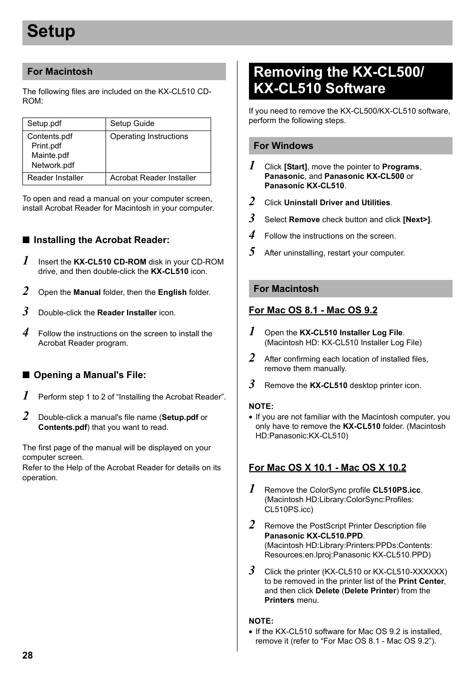 Removing the kx-cl500/ kx-cl510 software, Setup | Panasonic KX-CL510 User Manual | Page 28 / 32