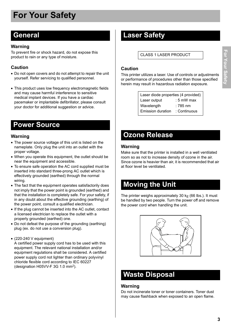 For your safety, General, Power source | Laser safety, Ozone release, Moving the unit, Waste disposal, General power source laser safety, Ozone release moving the unit waste disposal | Panasonic KX-CL510 User Manual | Page 3 / 32