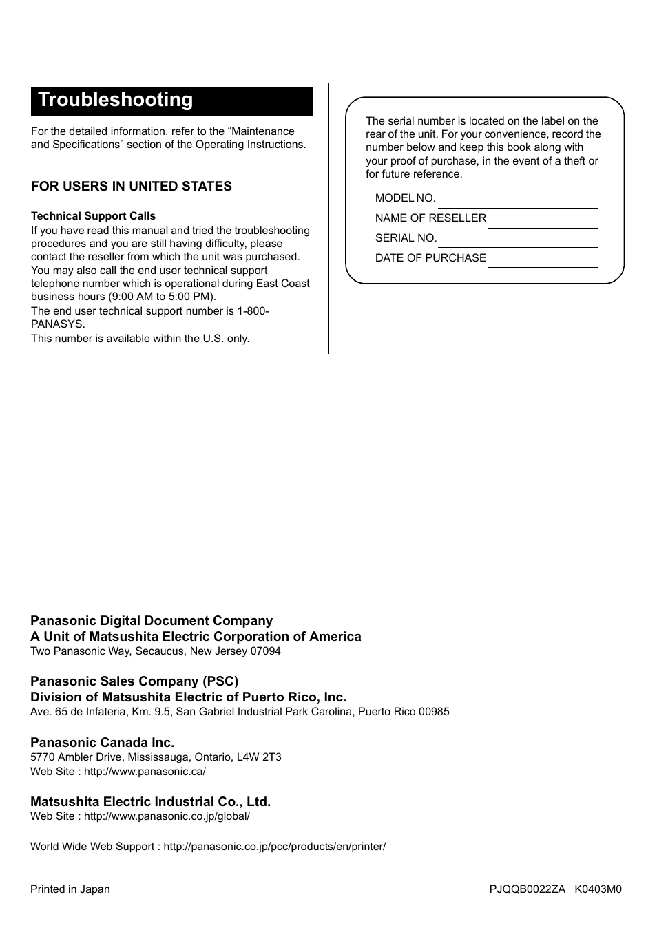 Troubleshooting | Panasonic KX-CL510 User Manual | Page 32 / 32