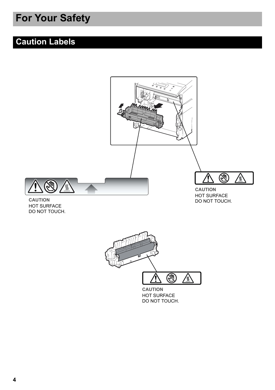 Caution labels, For your safety | Panasonic KX-CL510 User Manual | Page 4 / 32