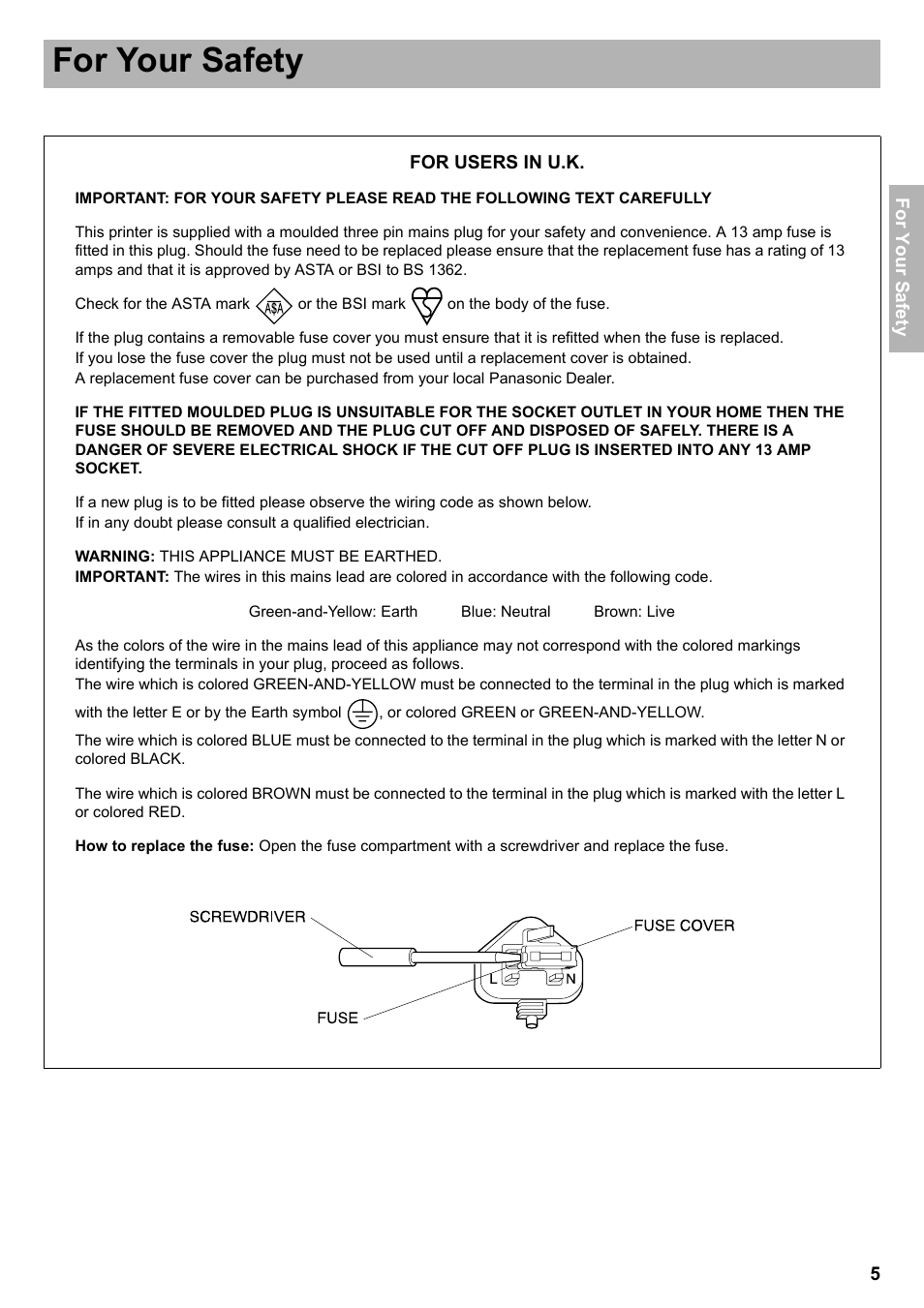 For your safety | Panasonic KX-CL510 User Manual | Page 5 / 32