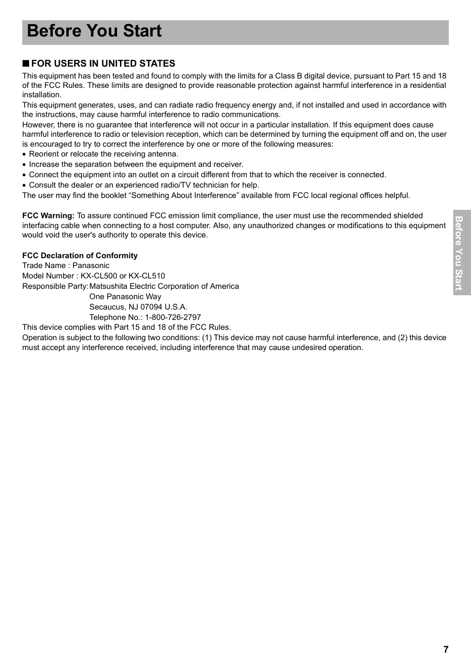 Before you start | Panasonic KX-CL510 User Manual | Page 7 / 32