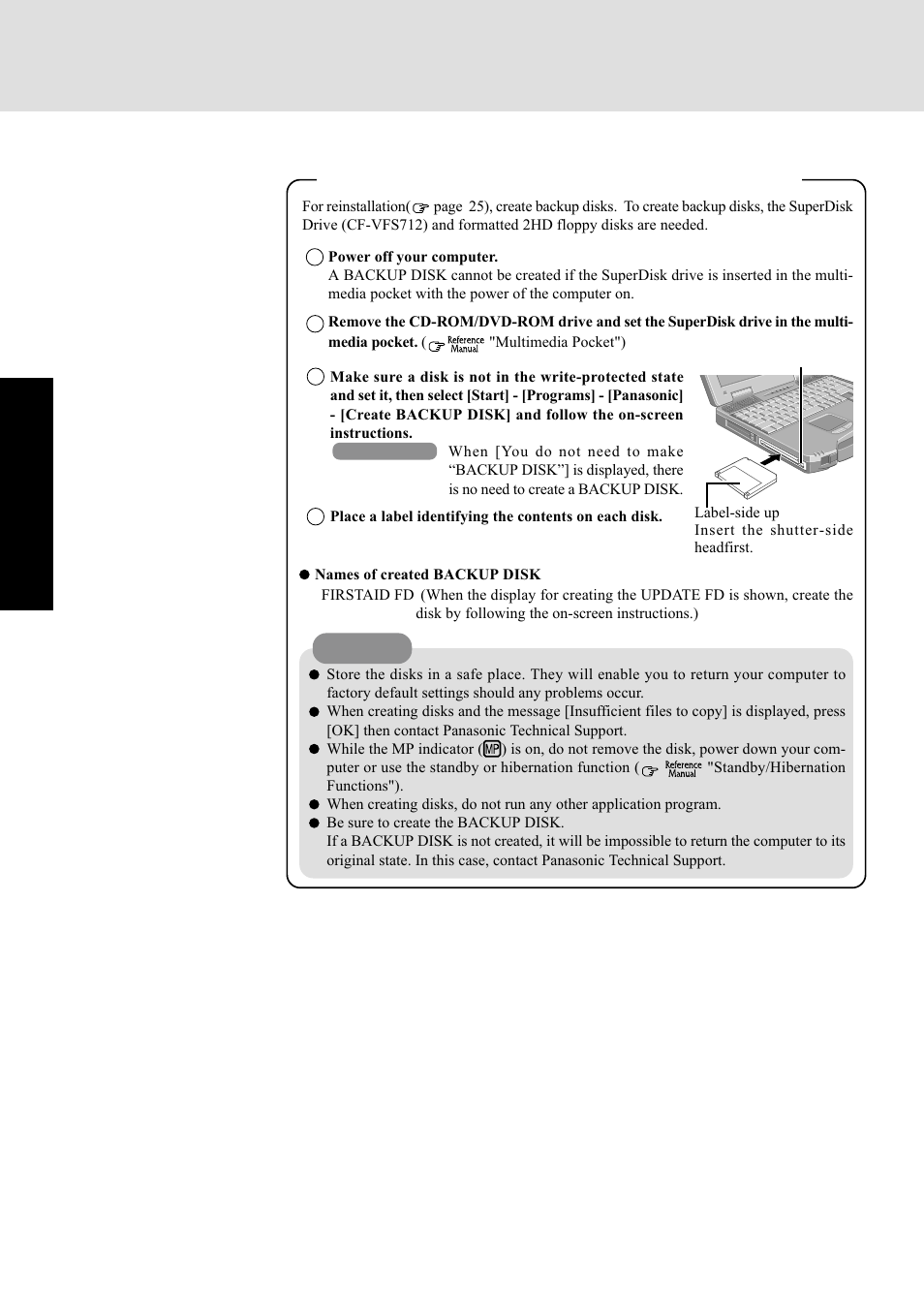 First-time operation, Create backup disks for reinstallation | Panasonic CF-72 Series P User Manual | Page 14 / 36