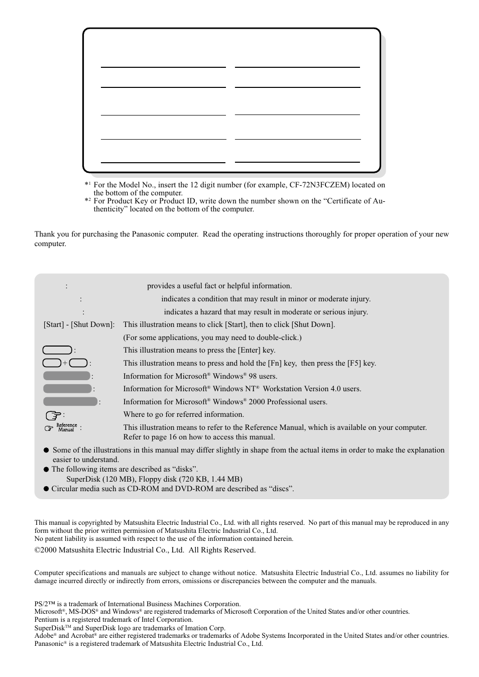 Customer's record, Introduction, Disclaimer | Trademarks | Panasonic CF-72 Series P User Manual | Page 2 / 36