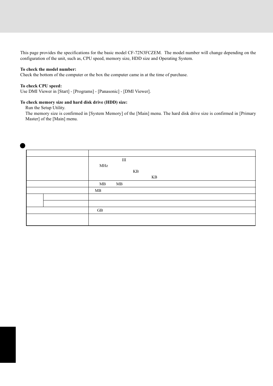 Specifications, Appendix, Main specifications | Panasonic CF-72 Series P User Manual | Page 32 / 36