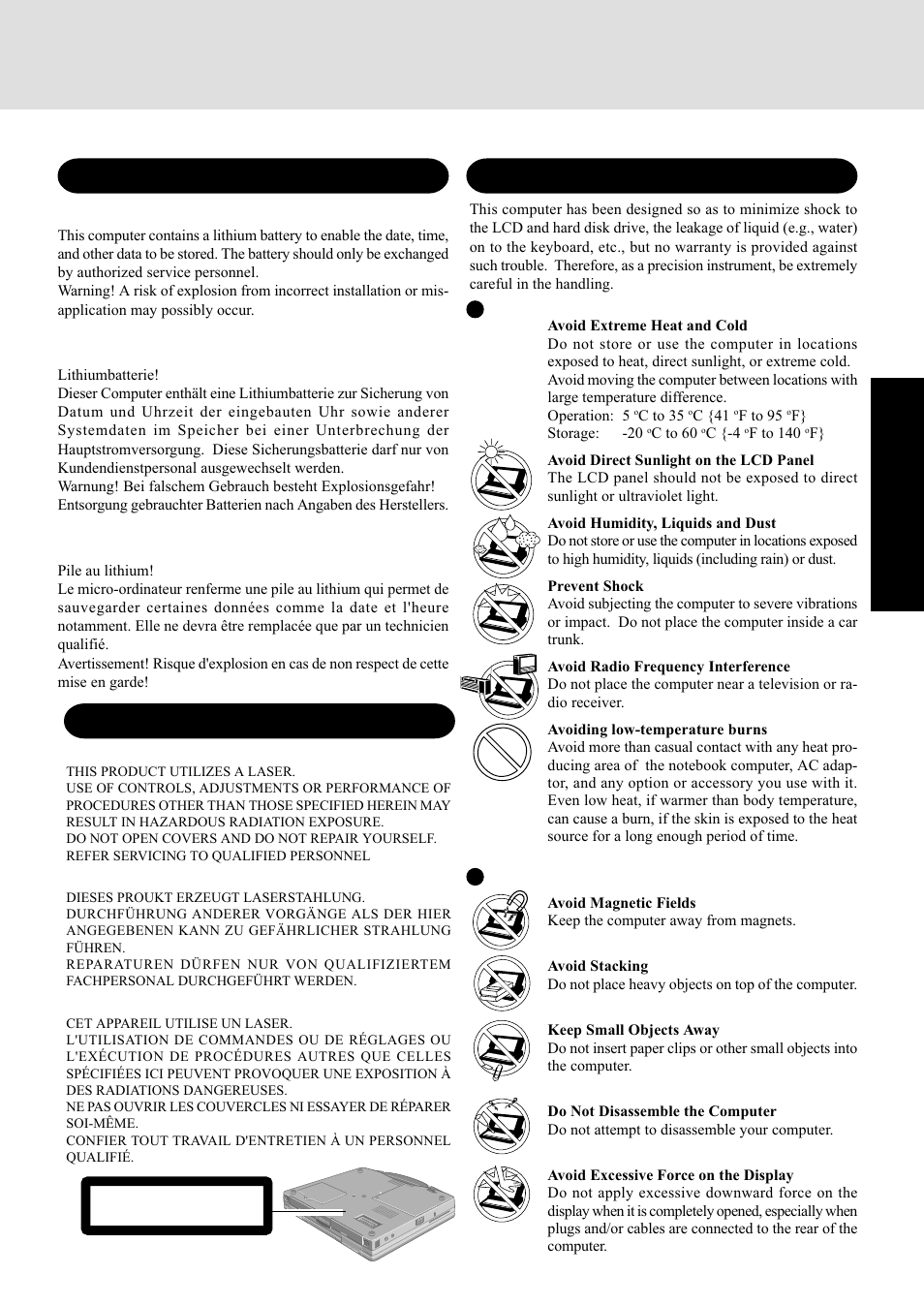 Lithium battery cd-rom/dvd-rom drive caution, Precautions, Getting star ted | Usage, Handling | Panasonic CF-72 Series P User Manual | Page 5 / 36