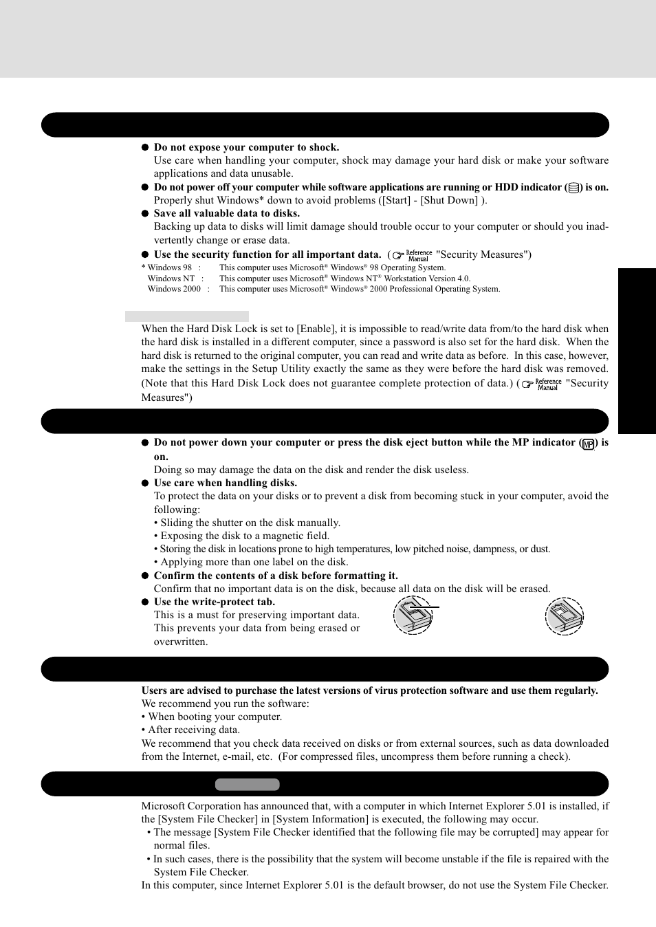 Saving data on the hard disk, Saving data on disks, Computer viruses | Hard disk lock, System file checker, Getting star ted | Panasonic CF-72 Series P User Manual | Page 7 / 36