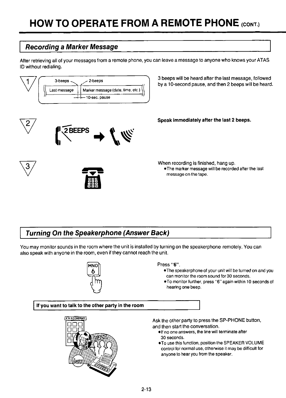 Recording a marker message, Speak immediately after the last 2 beeps, Turning on the speakerphone (answer back) | If you want to talk to the other party in the room, How to operate from a remote phone, 2 beeps | Panasonic KX-F220 User Manual | Page 100 / 132