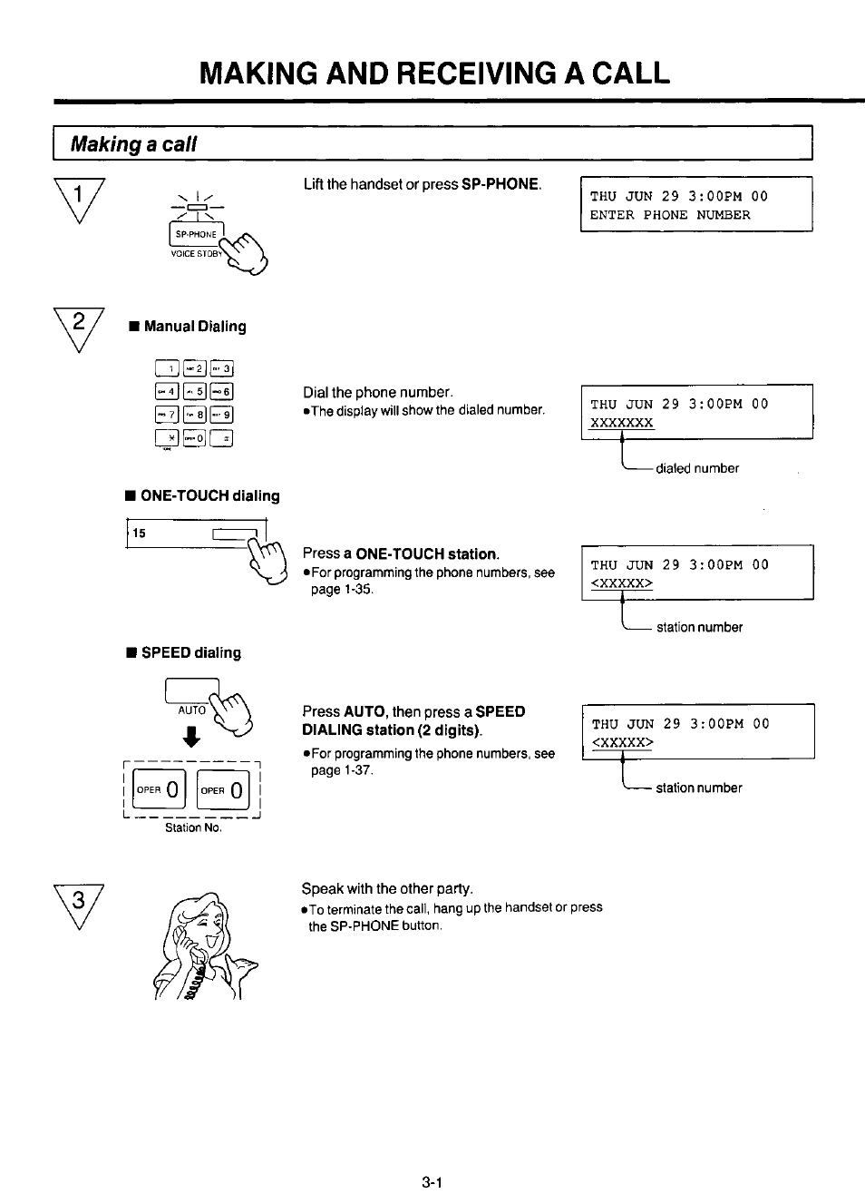 Making and receiving a call, Making a call, Manual dialing | One-touch dialing, Press a one-touch station, E3eee3, Ed ee ed | Panasonic KX-F220 User Manual | Page 104 / 132