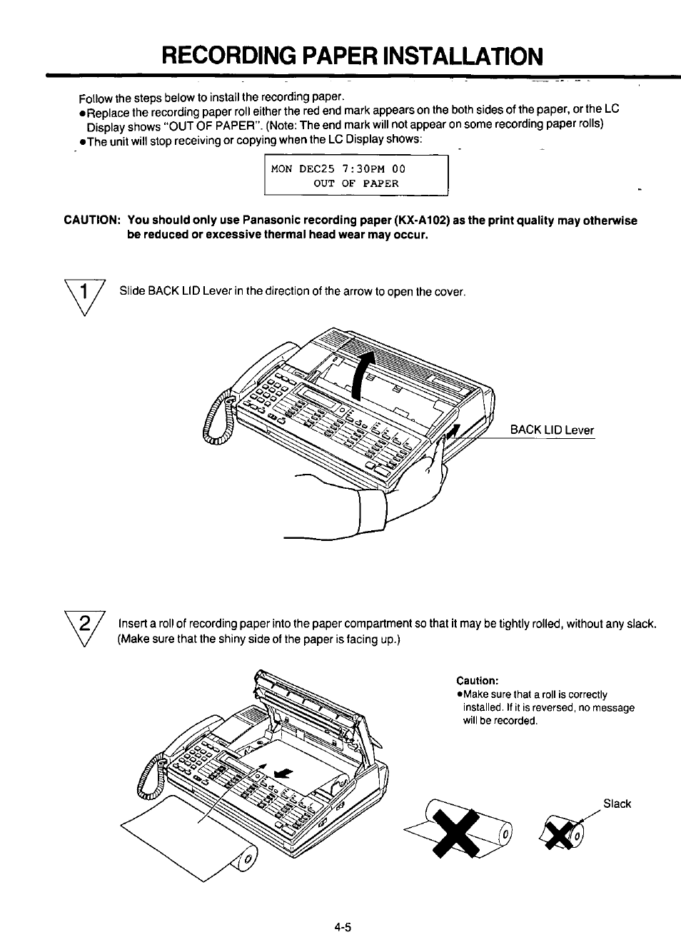 Recording paper installation | Panasonic KX-F220 User Manual | Page 114 / 132