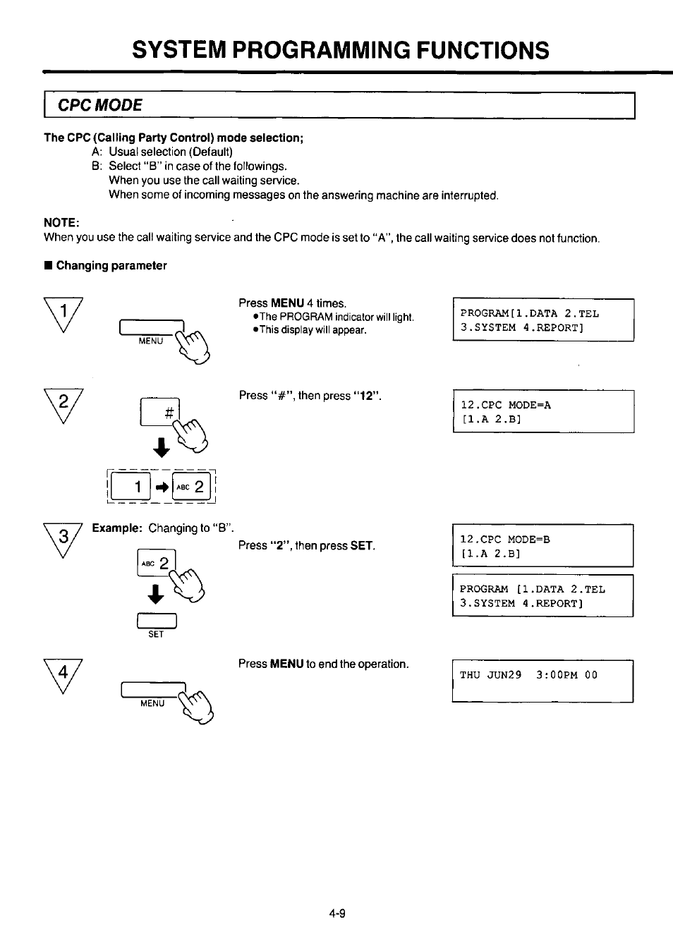 Cpc mode, The cpc (calling party control) mode selection, Note | System programming functions | Panasonic KX-F220 User Manual | Page 118 / 132