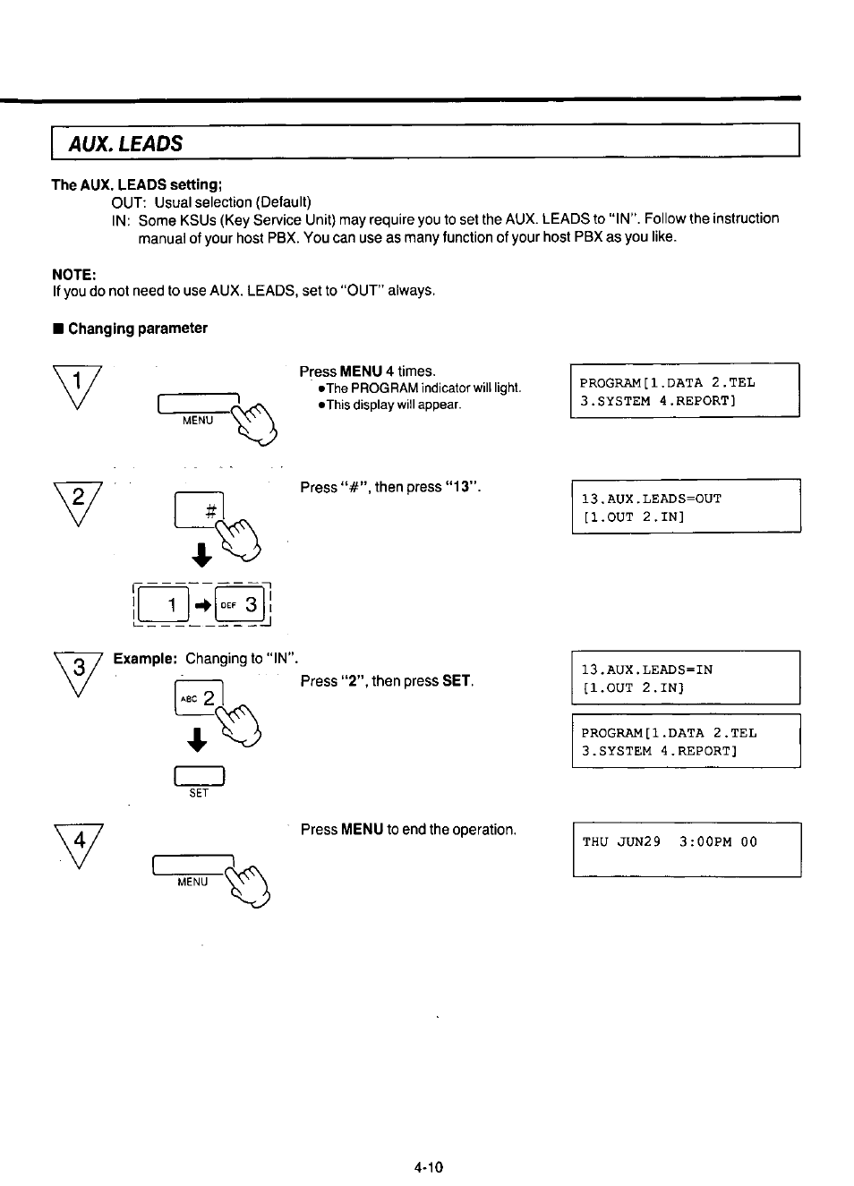 Aux. leads, The aux. leads setting, Note | Changing parameter | Panasonic KX-F220 User Manual | Page 119 / 132