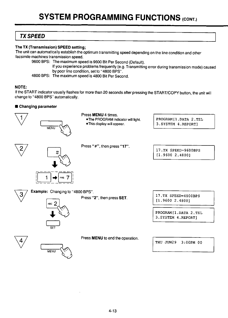 The tx (transmission) speed setting, Note, Changing parameter | System programming functions, Tx speed | Panasonic KX-F220 User Manual | Page 122 / 132