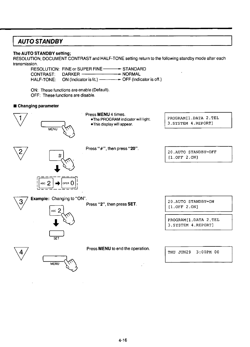 Auto standby, The auto standby setting, Changing parameter | Panasonic KX-F220 User Manual | Page 125 / 132