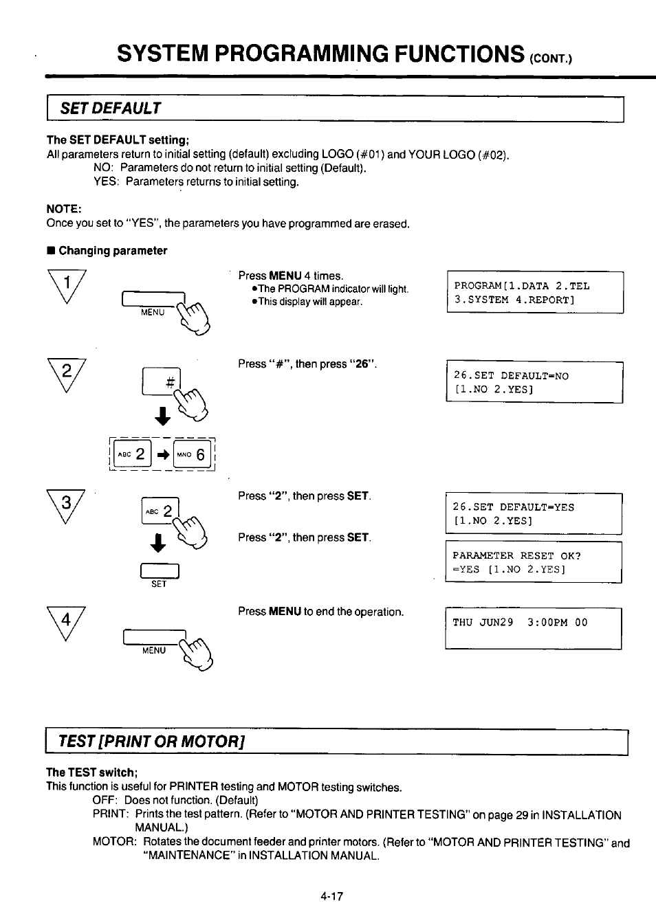 Set default, The set default setting, Note | Changing parameter, Test [print or motor, The test switch, Test[print or motor, System programming functions | Panasonic KX-F220 User Manual | Page 126 / 132