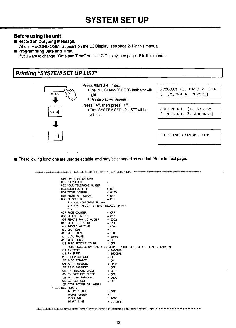 System set up, Record an outgoing message, Programming date and time | Printing “system set up list, The program/report indicator will light, This display will appear, The “system set up list" will be printed, Before using the unit | Panasonic KX-F220 User Manual | Page 13 / 132