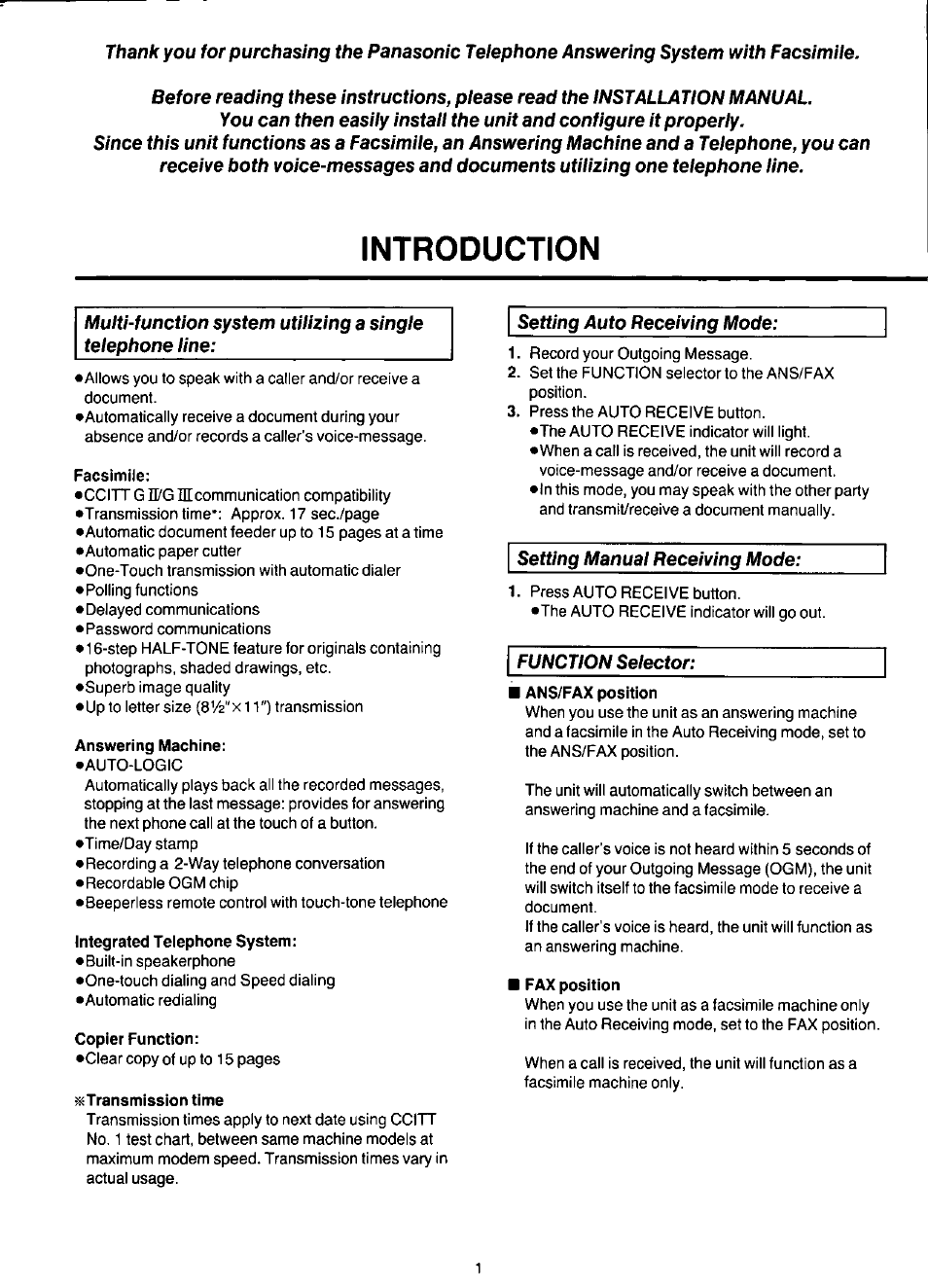 Introduction, Facsimile, Answering machine | Integrated telephone system, Copier function, Transmission time, I ans/fax position, I fax position | Panasonic KX-F220 User Manual | Page 2 / 132