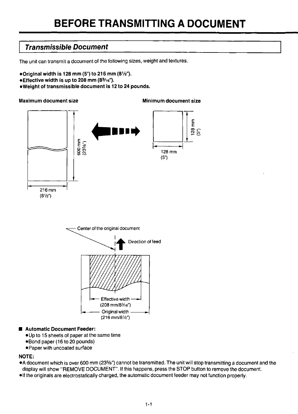 Transmissible document, Original width is 128 mm (5") to 216 mm {8v2"), Maximum document size | Minimum document size, Automatic document feeder, Note, Before transmitting a document | Panasonic KX-F220 User Manual | Page 22 / 132