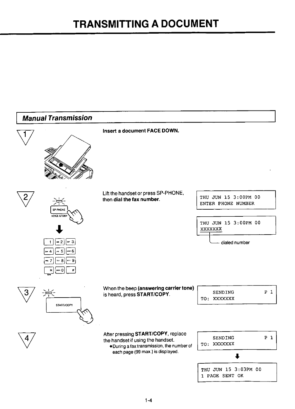 Manual transmission, Insert a document face down, Mieiiei | Transmitting a document, Sedel] c3hq | Panasonic KX-F220 User Manual | Page 25 / 132
