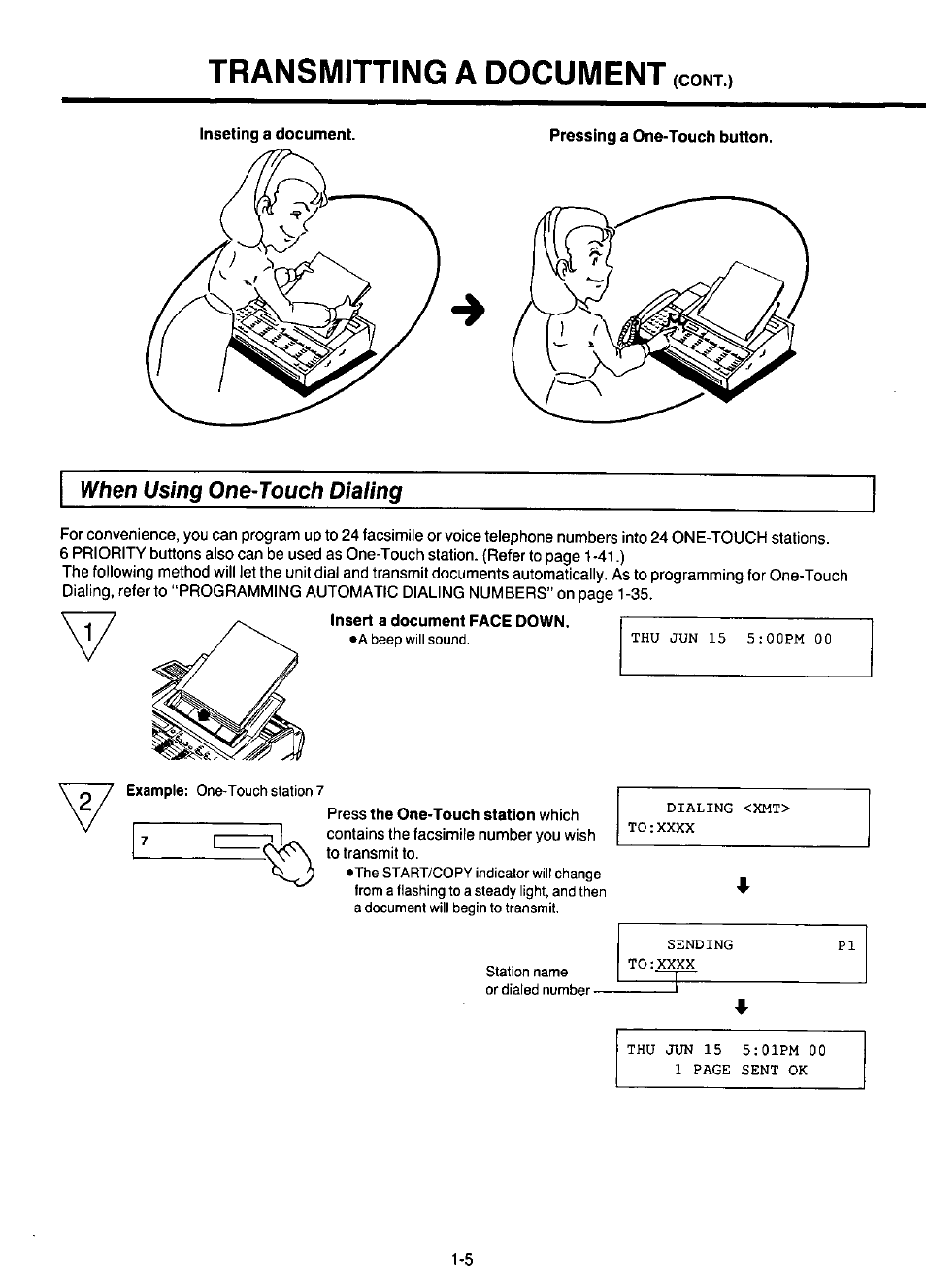 When using one-touch dialing, Transmitting a document | Panasonic KX-F220 User Manual | Page 26 / 132
