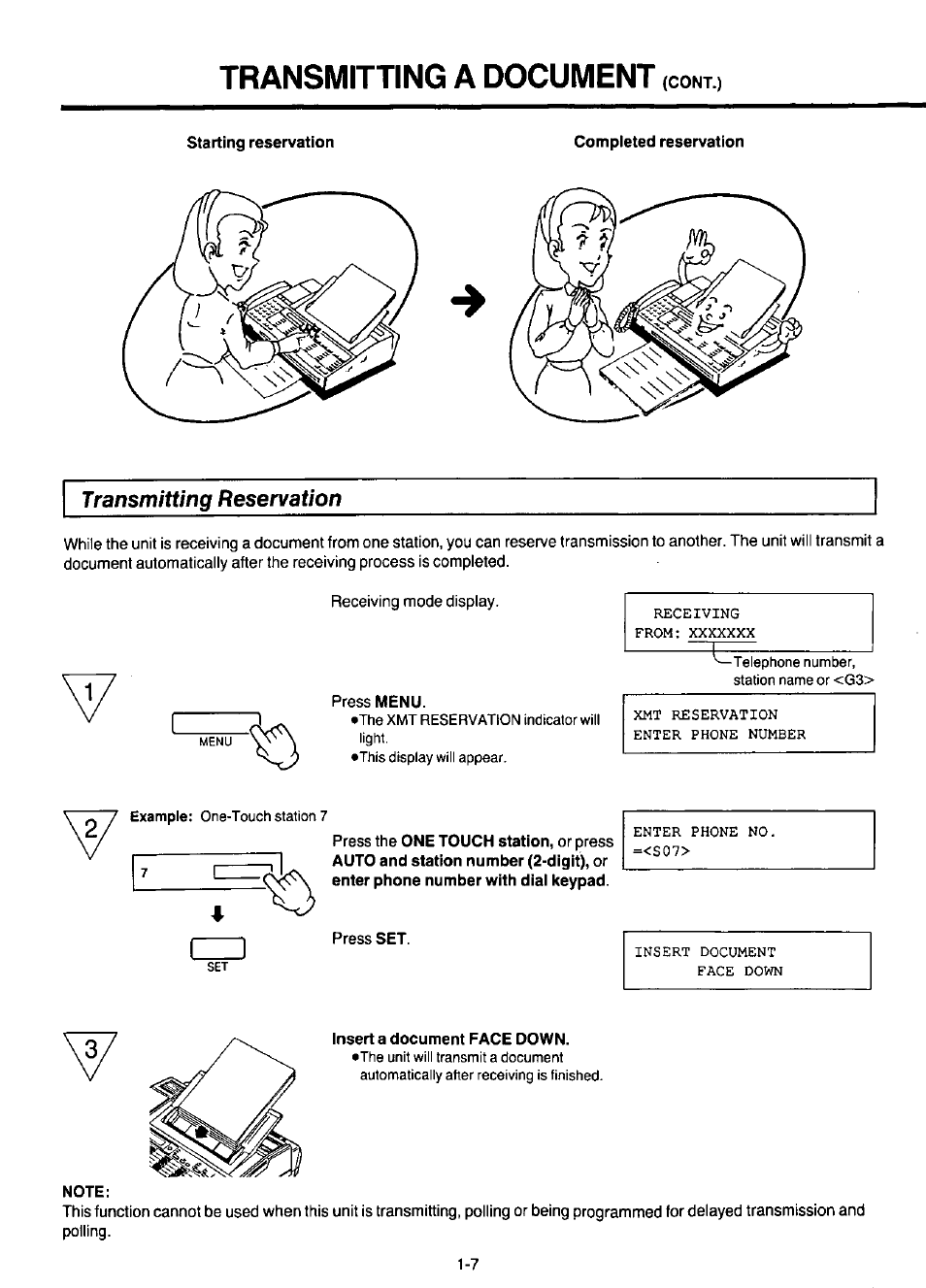 Starting reservation, Compieted reservation, Transmitting reservation | Note, Transmitting a document | Panasonic KX-F220 User Manual | Page 28 / 132