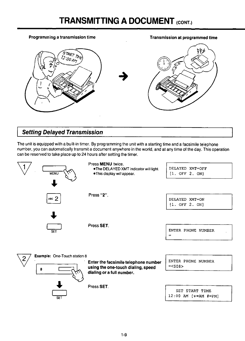 Setting delayed transmission, Transmitting a document | Panasonic KX-F220 User Manual | Page 30 / 132