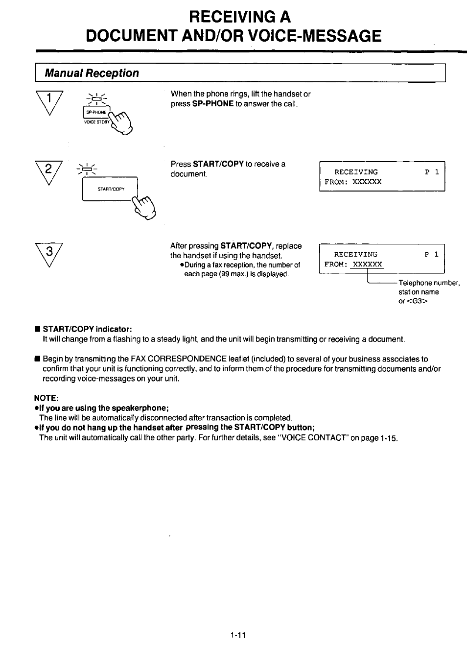 Receiving a, Document and/or voice-message, Manual reception | Start/copy indicator, Note, Receiving a document and/or voice-message -11, Receiving a document and/or voice-message | Panasonic KX-F220 User Manual | Page 32 / 132
