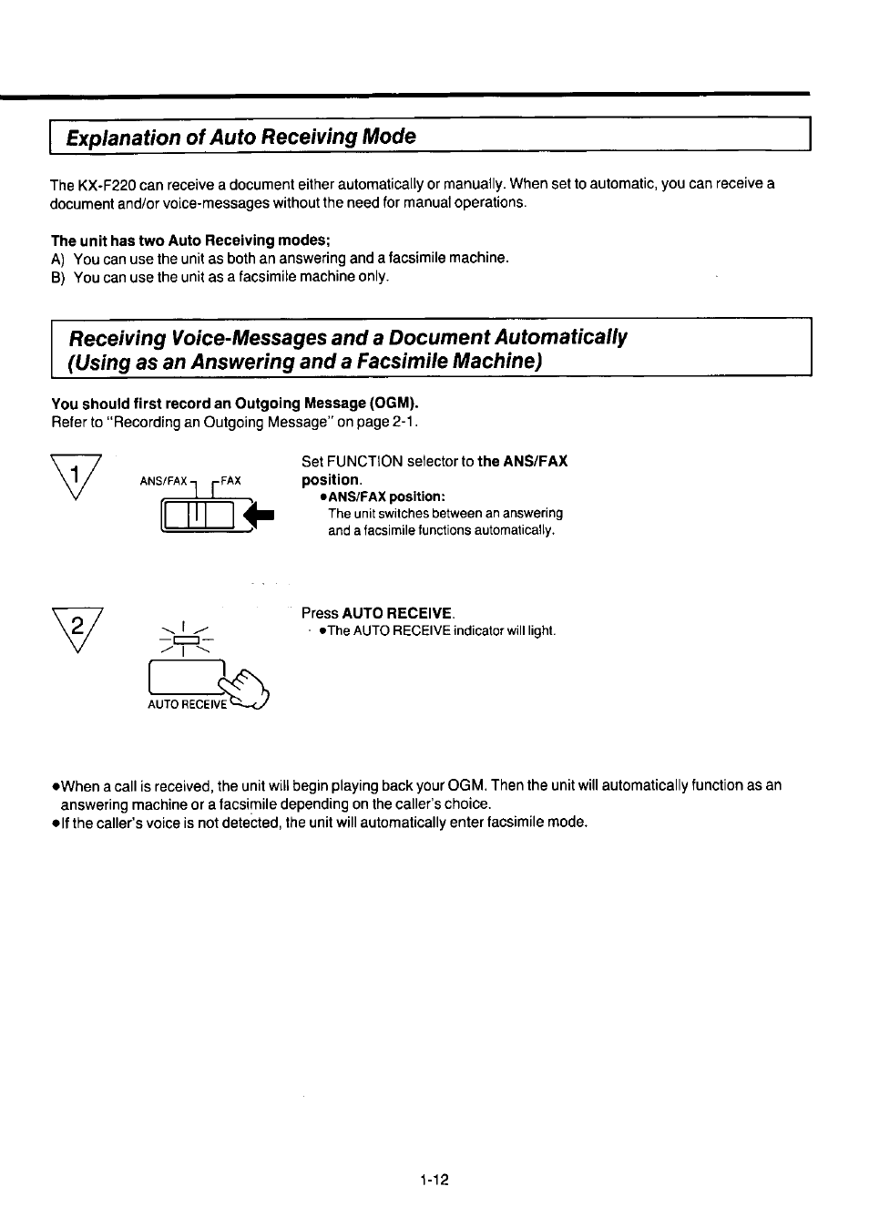 Explanation of auto receiving mode, The unit has two auto receiving modes, You should first record an outgoing message (ogm) | Press auto receive | Panasonic KX-F220 User Manual | Page 33 / 132