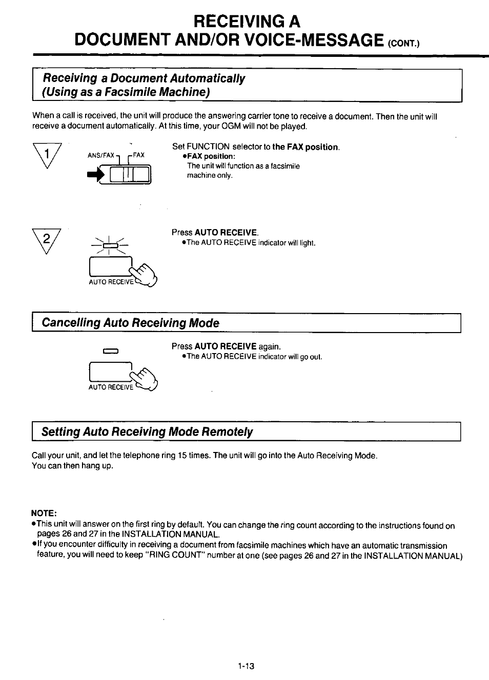 Receiving a, Document and/or voice-message (cont.), Press auto receive | Cancelling auto receiving mode, Setting auto receiving mode remotely, Note, Receiving a document and/or voice-message | Panasonic KX-F220 User Manual | Page 34 / 132