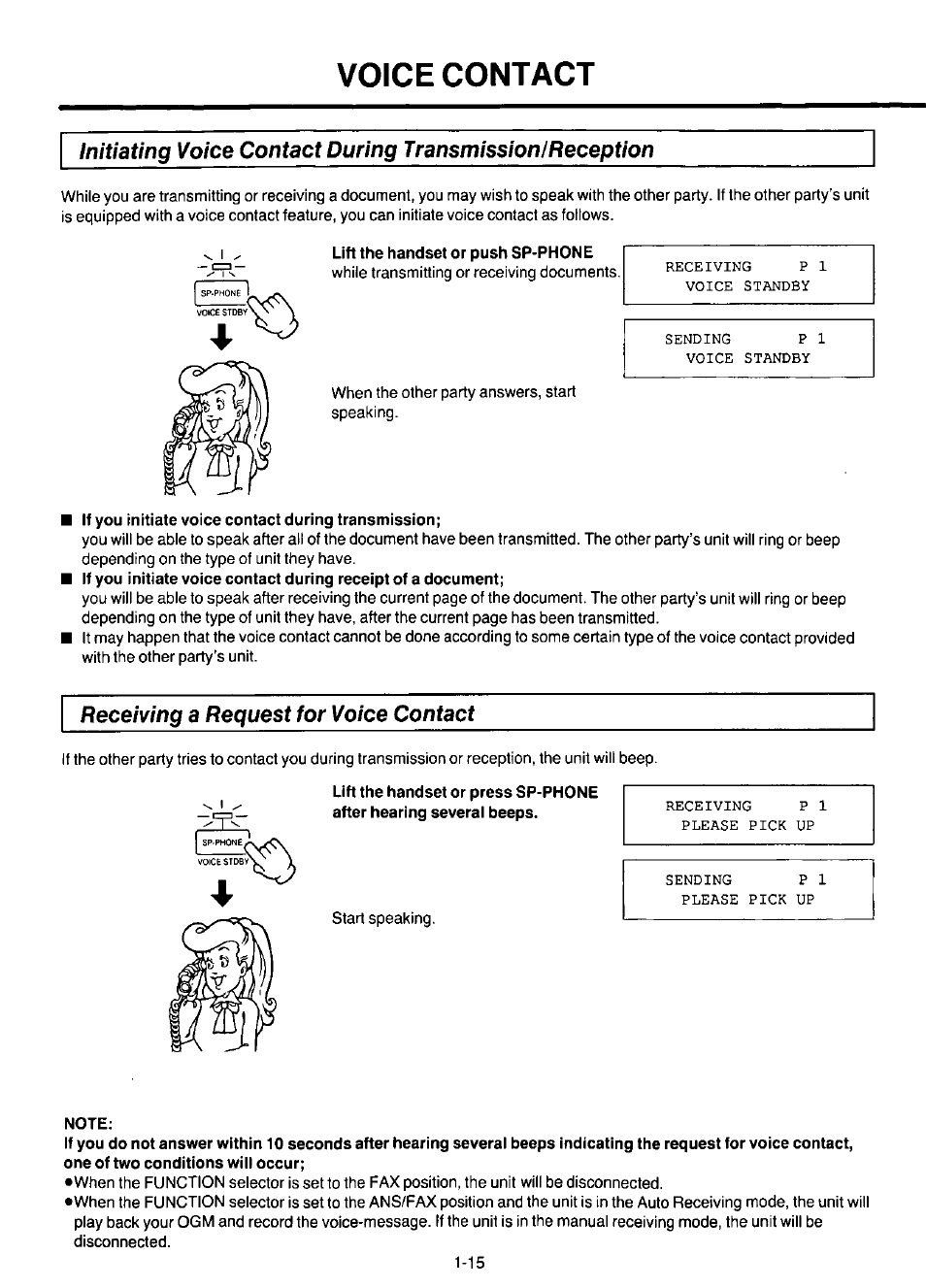 Voice contact, Lift the handset or push sp-phone, If you initiate voice contact during transmission | Receiving a request for voice contact, Note, Voice contact -15 | Panasonic KX-F220 User Manual | Page 36 / 132