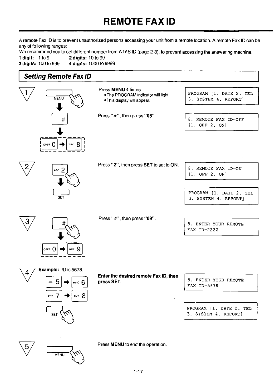 Remote fax id, Setting remote fax id, Enter the desired remote fax id, then press set | Remote fax id -17 | Panasonic KX-F220 User Manual | Page 38 / 132