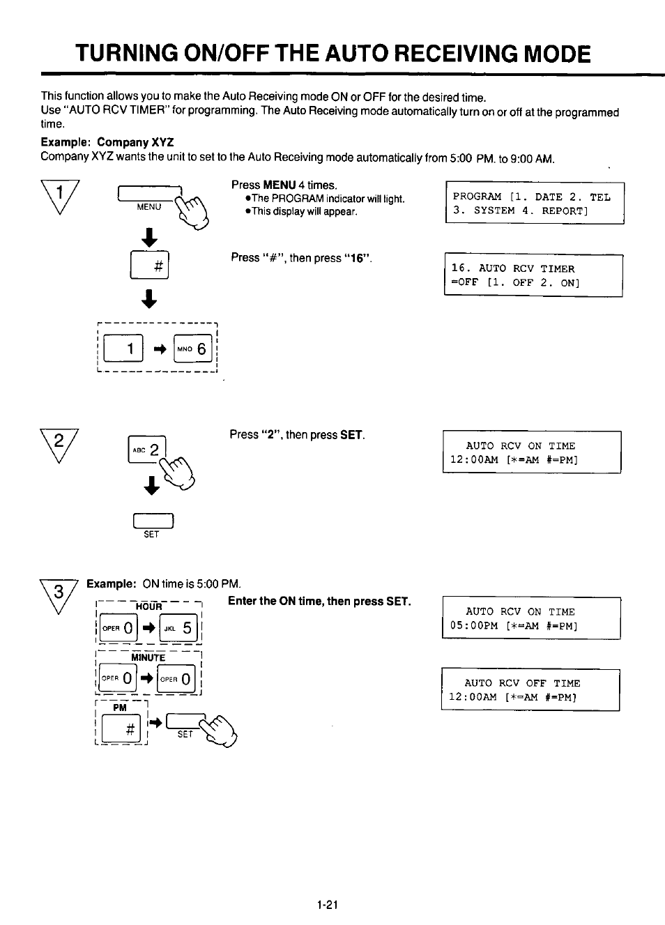 Turning on/off the auto receiving mode, Turning on/off the auto receiving mode -21 | Panasonic KX-F220 User Manual | Page 42 / 132