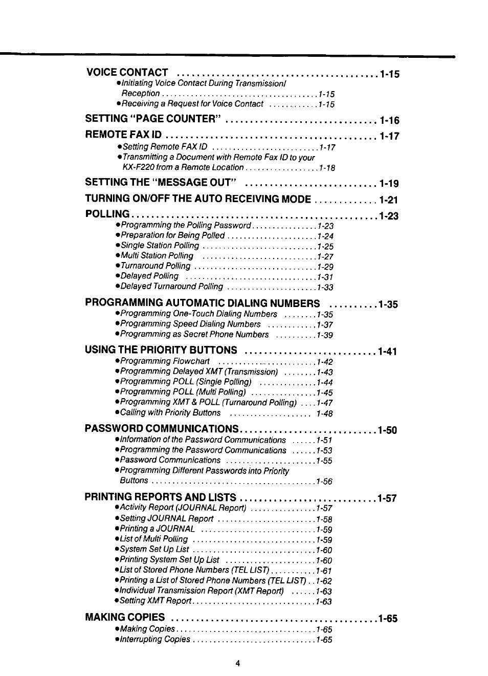 Voice contact -15, Setting “page counter” -16 remote fax id -17, Programming automatic dialing numbers -35 | Using the priority buttons -41, Password communications -50, Printing reports and lists -57, Making copies -65 | Panasonic KX-F220 User Manual | Page 5 / 132