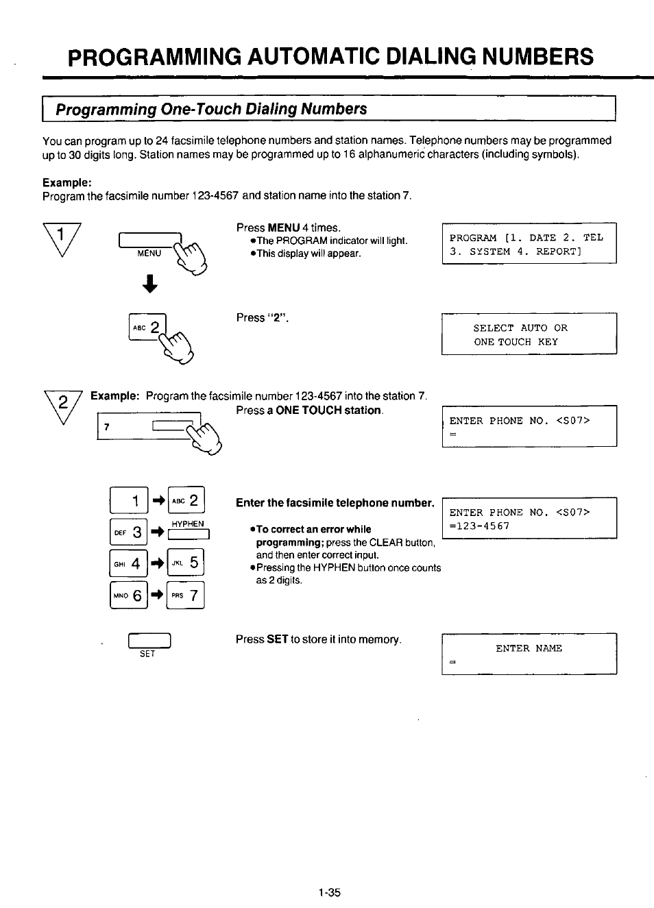 Programming one-touch dialing numbers, Example, Enter the facsimile telephone number | Programming automatic dialing numbers -35, Programming automatic dialing numbers | Panasonic KX-F220 User Manual | Page 56 / 132