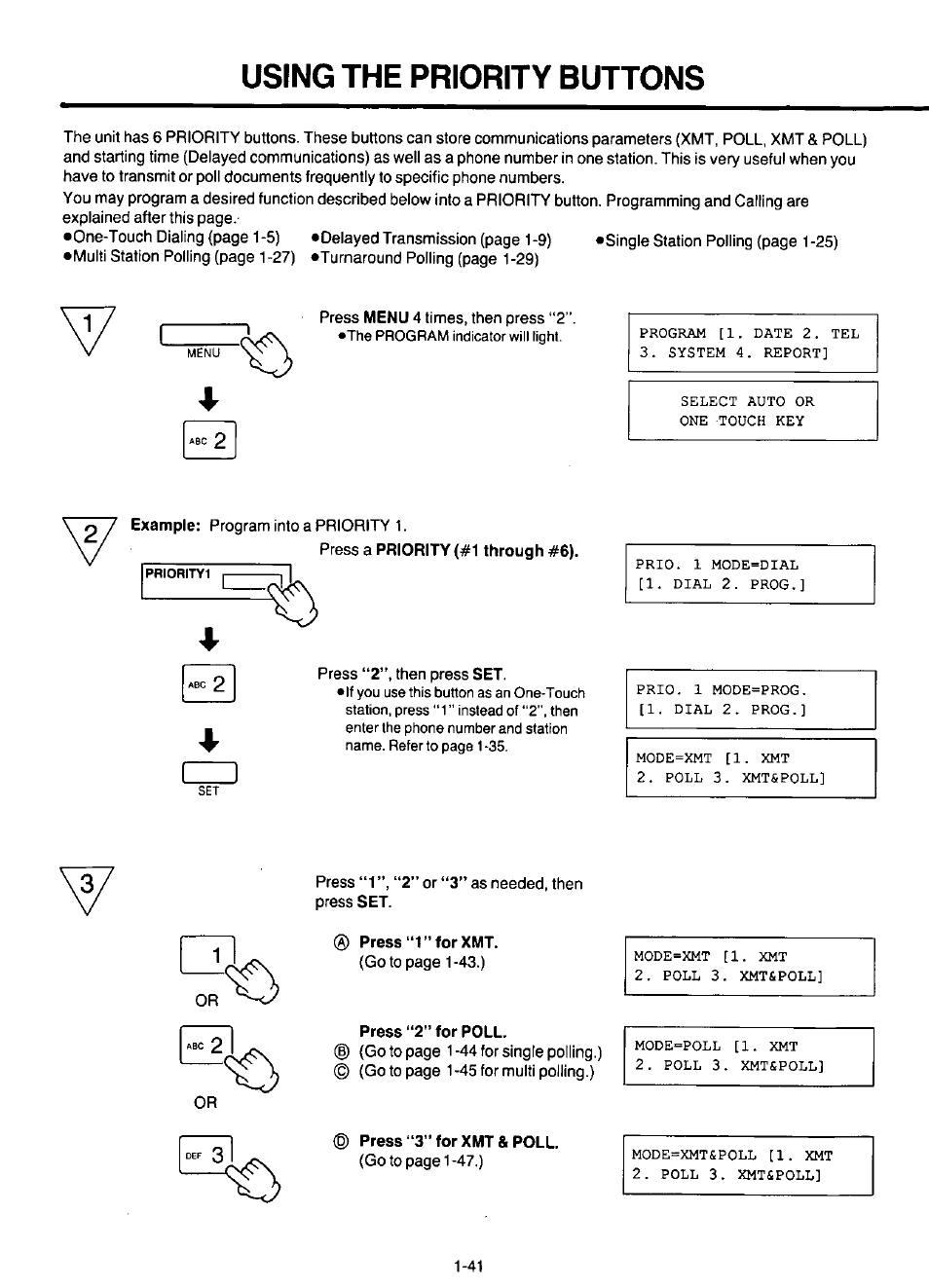 E) press “1” for xmt, Press “2” for poll, B) press “3” for xmt&poll | Using the priority buttons | Panasonic KX-F220 User Manual | Page 62 / 132