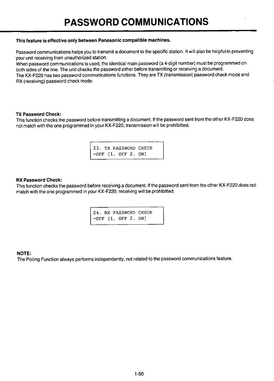 Tx password check, Rx password check, Note | Password communications | Panasonic KX-F220 User Manual | Page 71 / 132