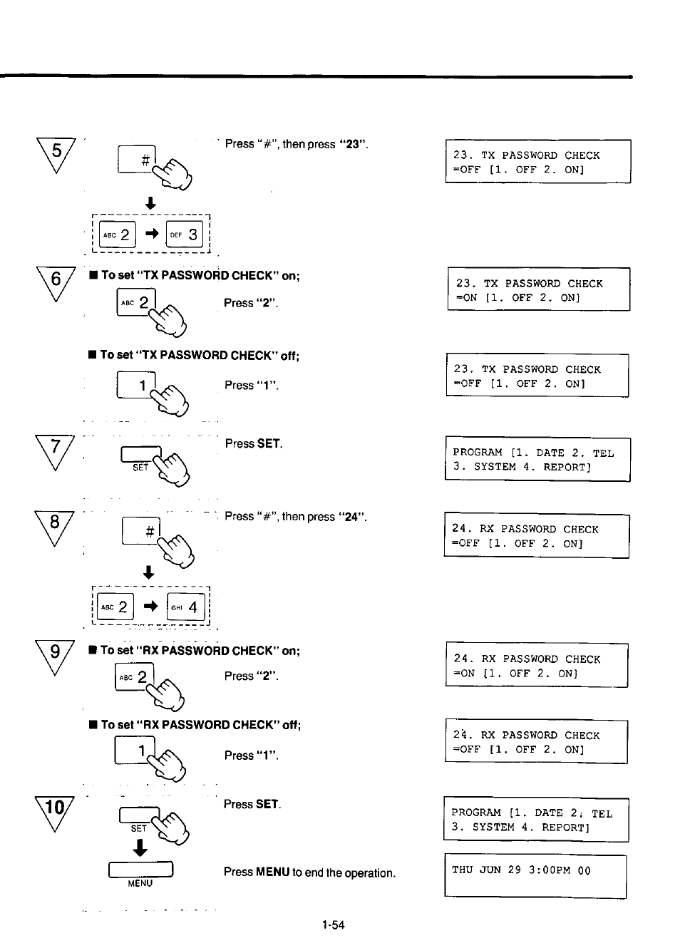 To set “tx password check” on, To set “tx password check” off, To set “rx password check” on | To set “rx password check” off | Panasonic KX-F220 User Manual | Page 75 / 132